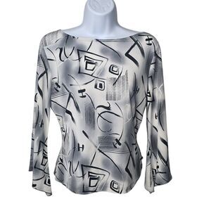 E.gen Womens Retro Abstract Top LG Boatneck Flutter Sleeve Career Party Silky US